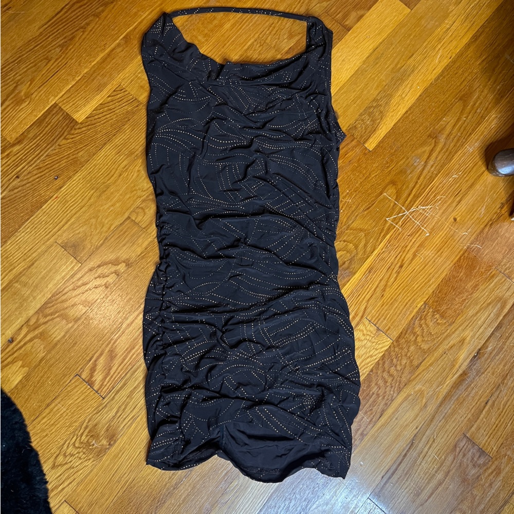 Moonstar Brown with Gold Glitter Halter Ruched Sleeveless Dress Size Medium